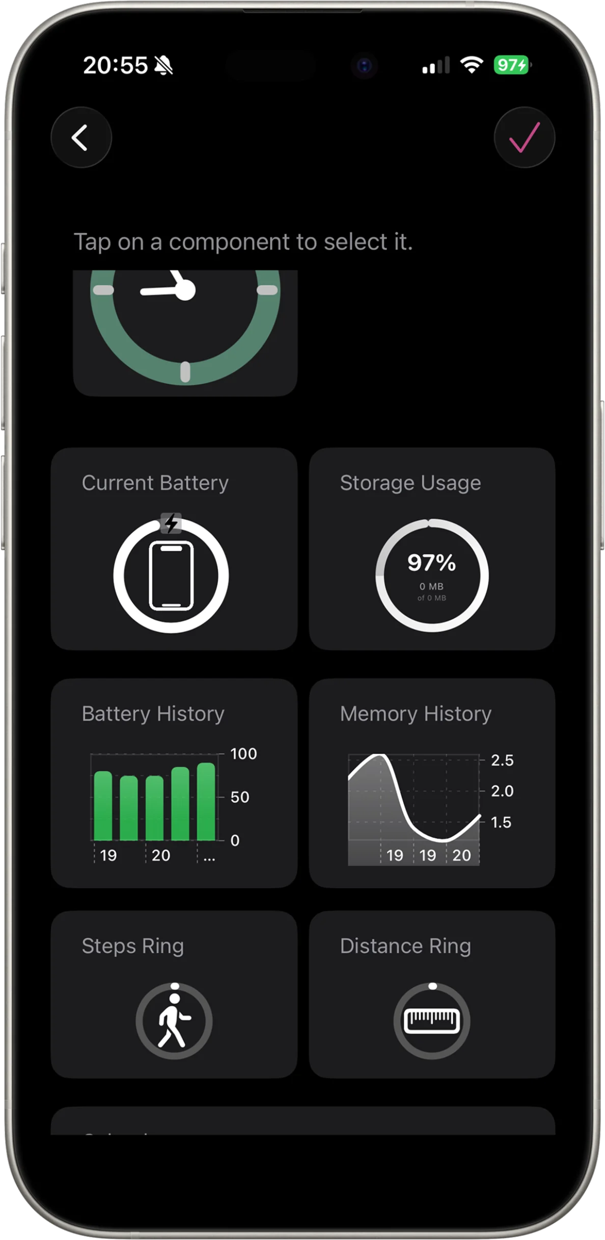 Status component picker showing 15 widget components